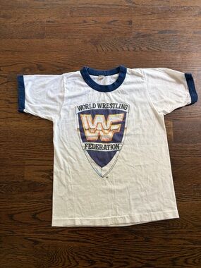 Screen Stars White Ringer Tee with Navy Trim and WWF Shield